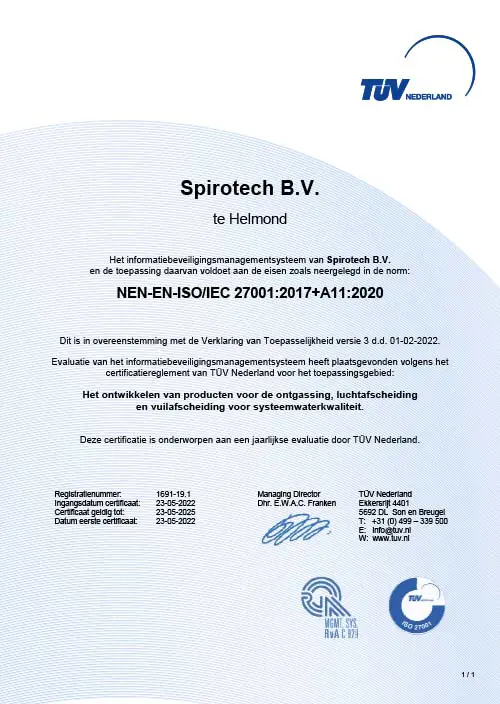 TUV Certificato ISO 27001 - Spirotech
