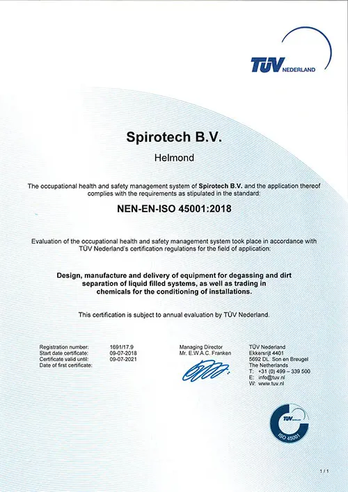 Spirotech ISO 45001 - TUV Certificato