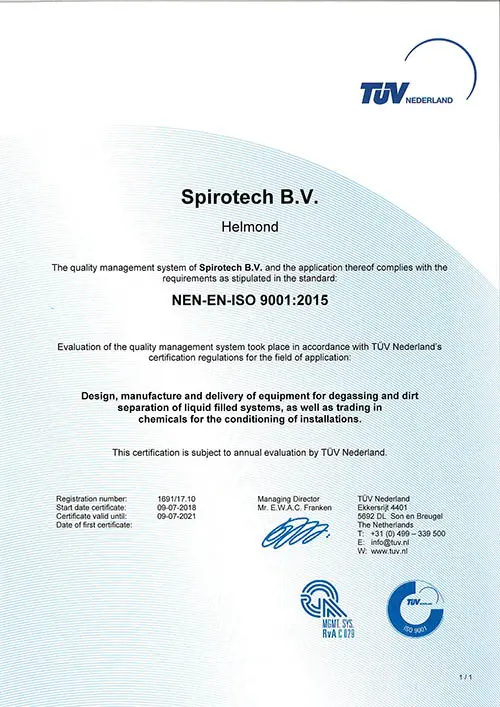 Spirotech ISO 9001 TUV Certificato
